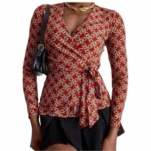 CAbi 3951 Ringleader Long Sleeve Wrap Top Blouse Stretchy Chain Print Size Small